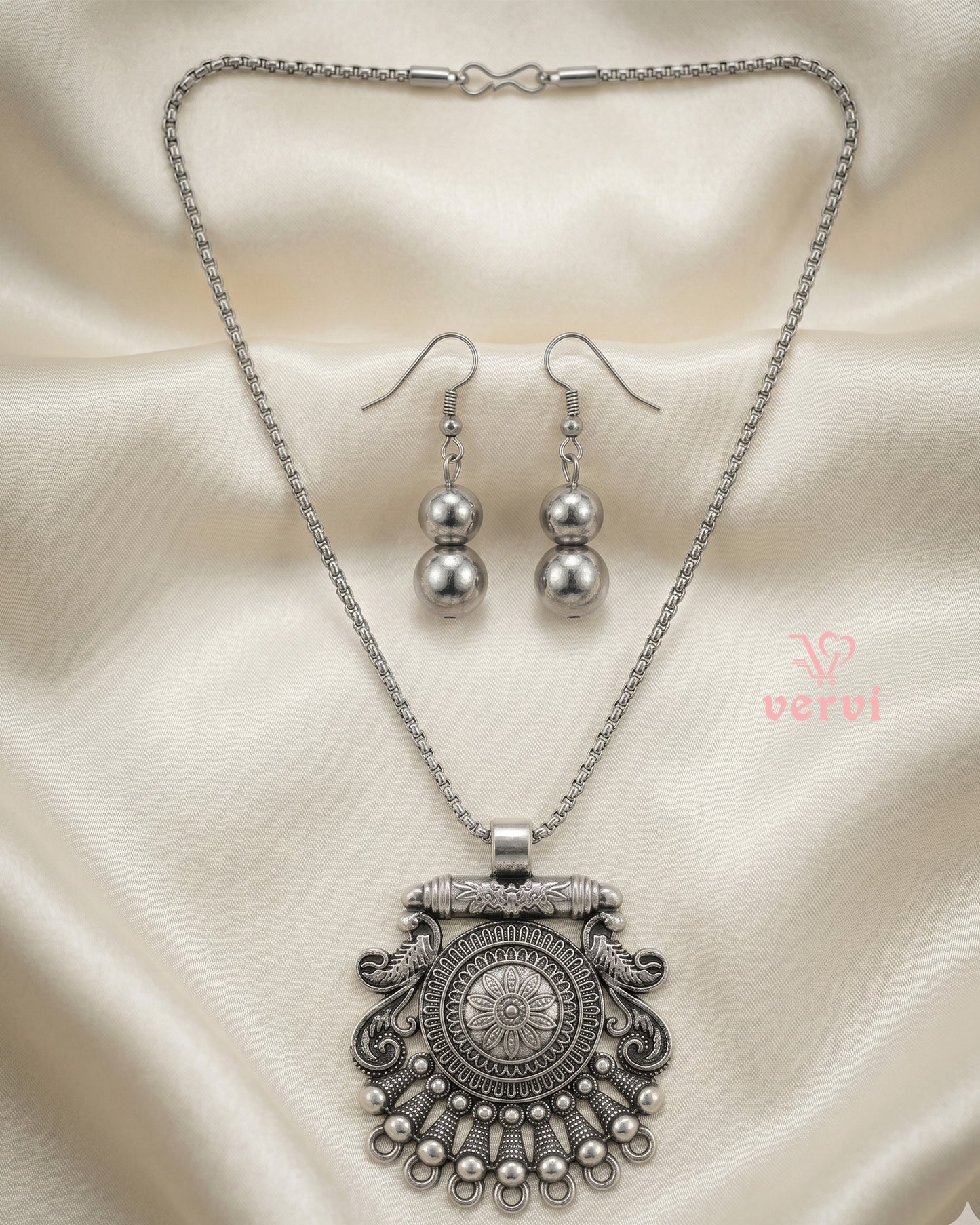 Silver Peacock Pendant chain and Beads Earring
