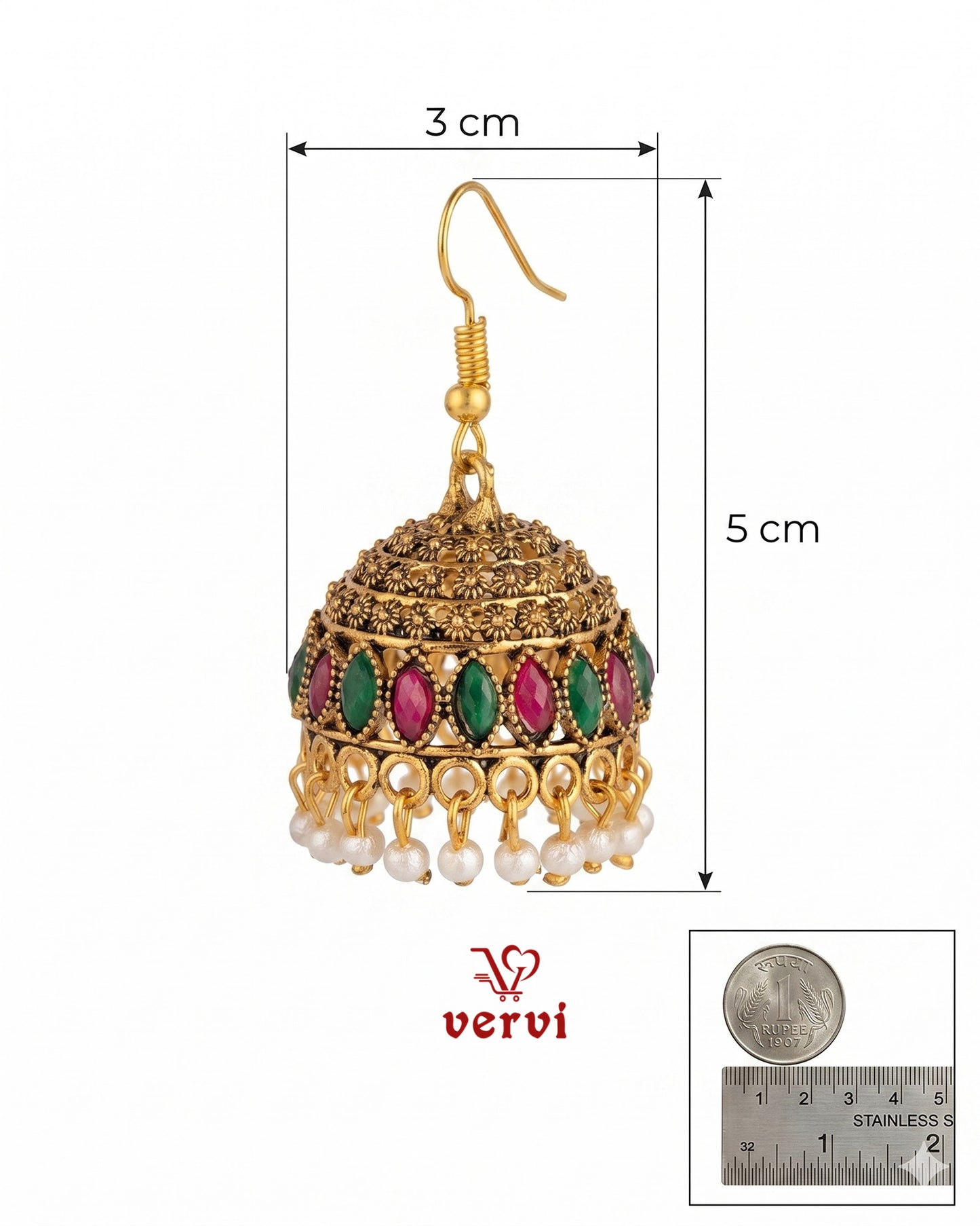 Ethnic Red Green Stone Jhumka