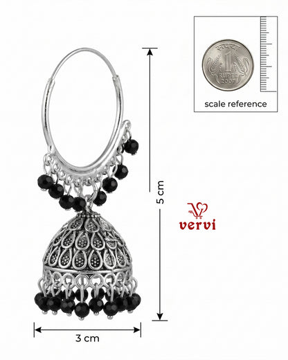Oxidized Silver Hoop Jhumka with Black Beads