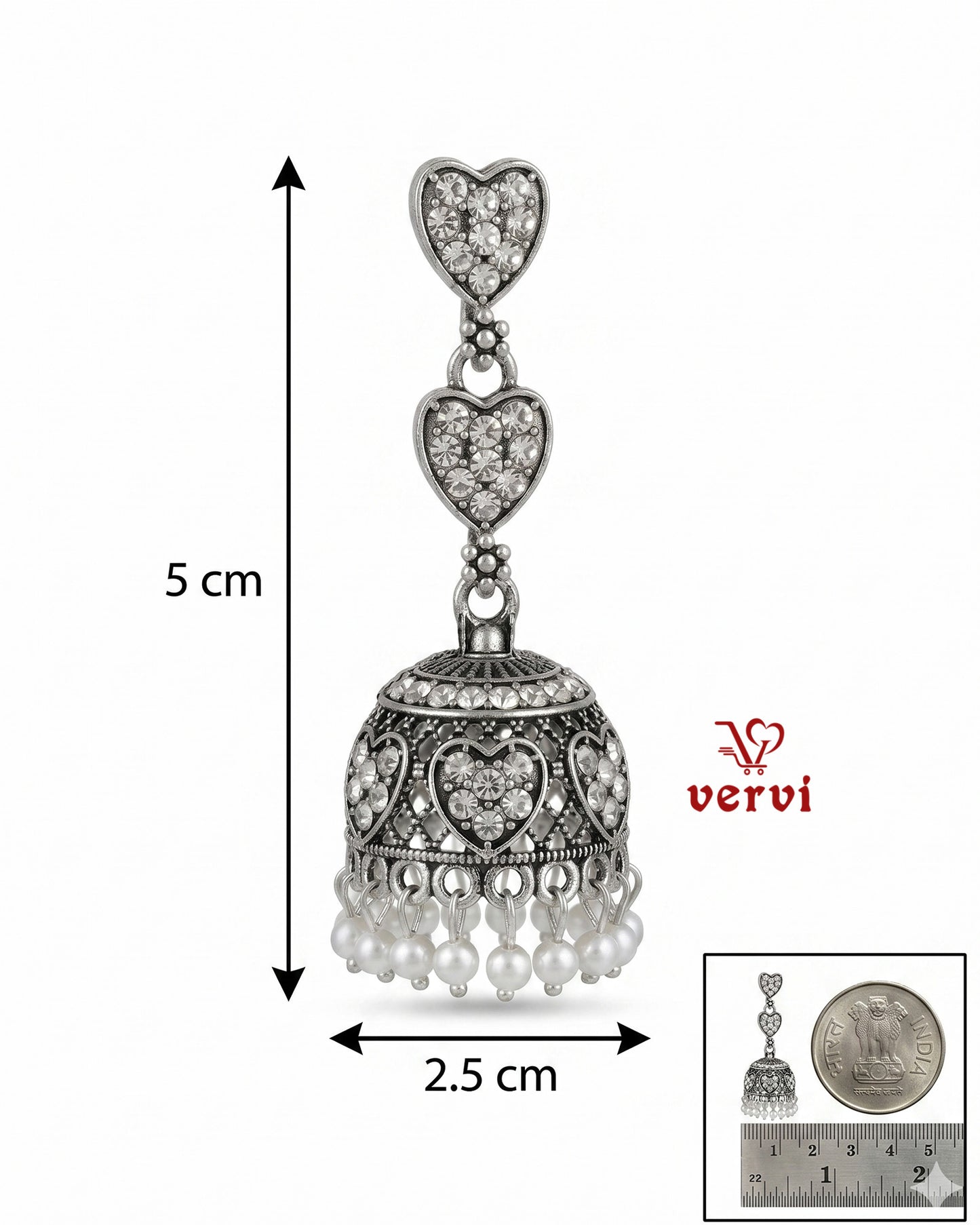 Oxidized Heart Drop Stone Jhumka