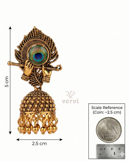 Golden Flute Peacock Feather Jhumka