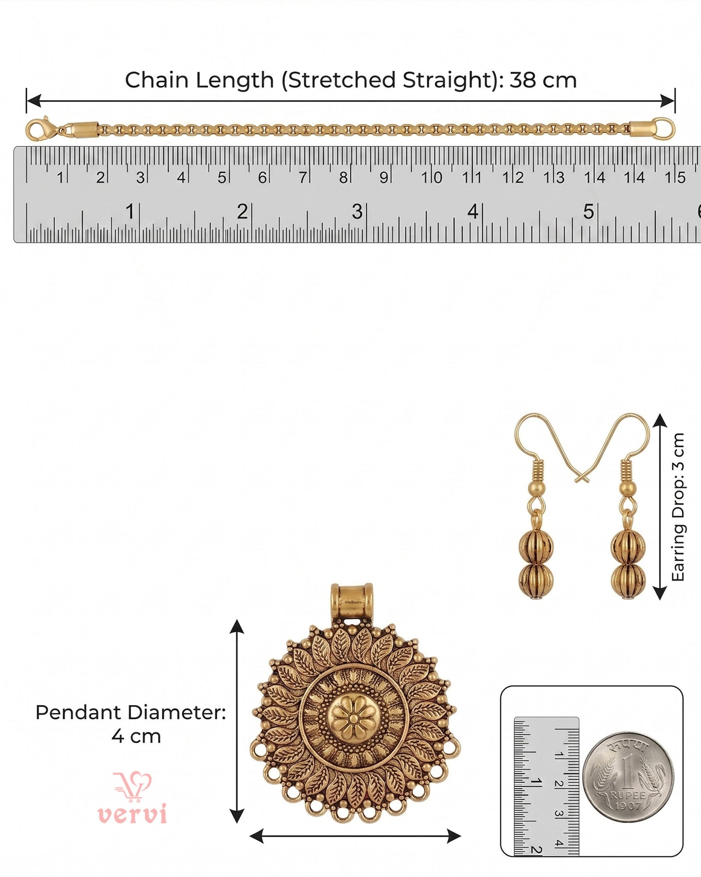 Gold Floral Pendant chain and Beads Earring