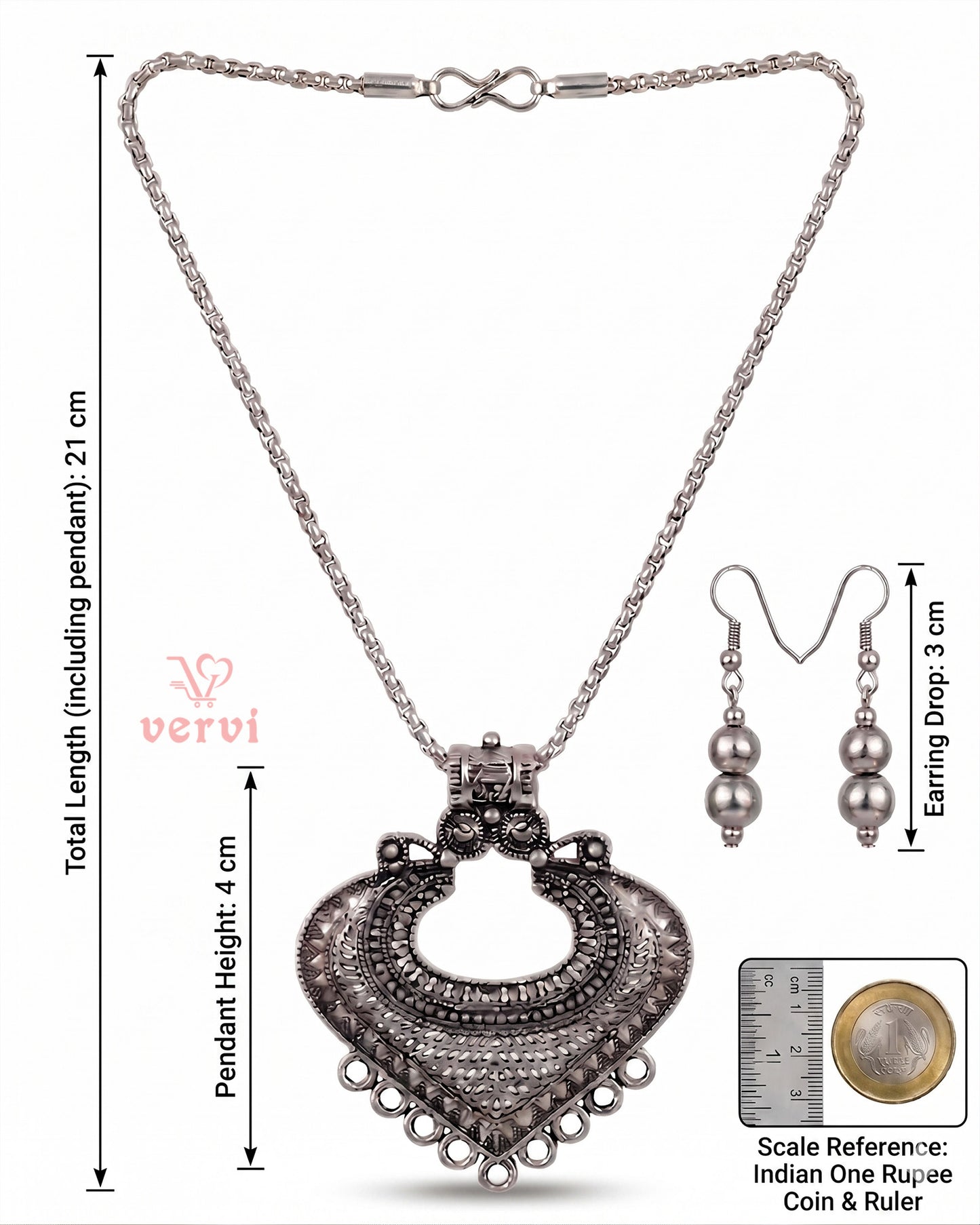 Silver Antique Pendant chain and Beads Earring